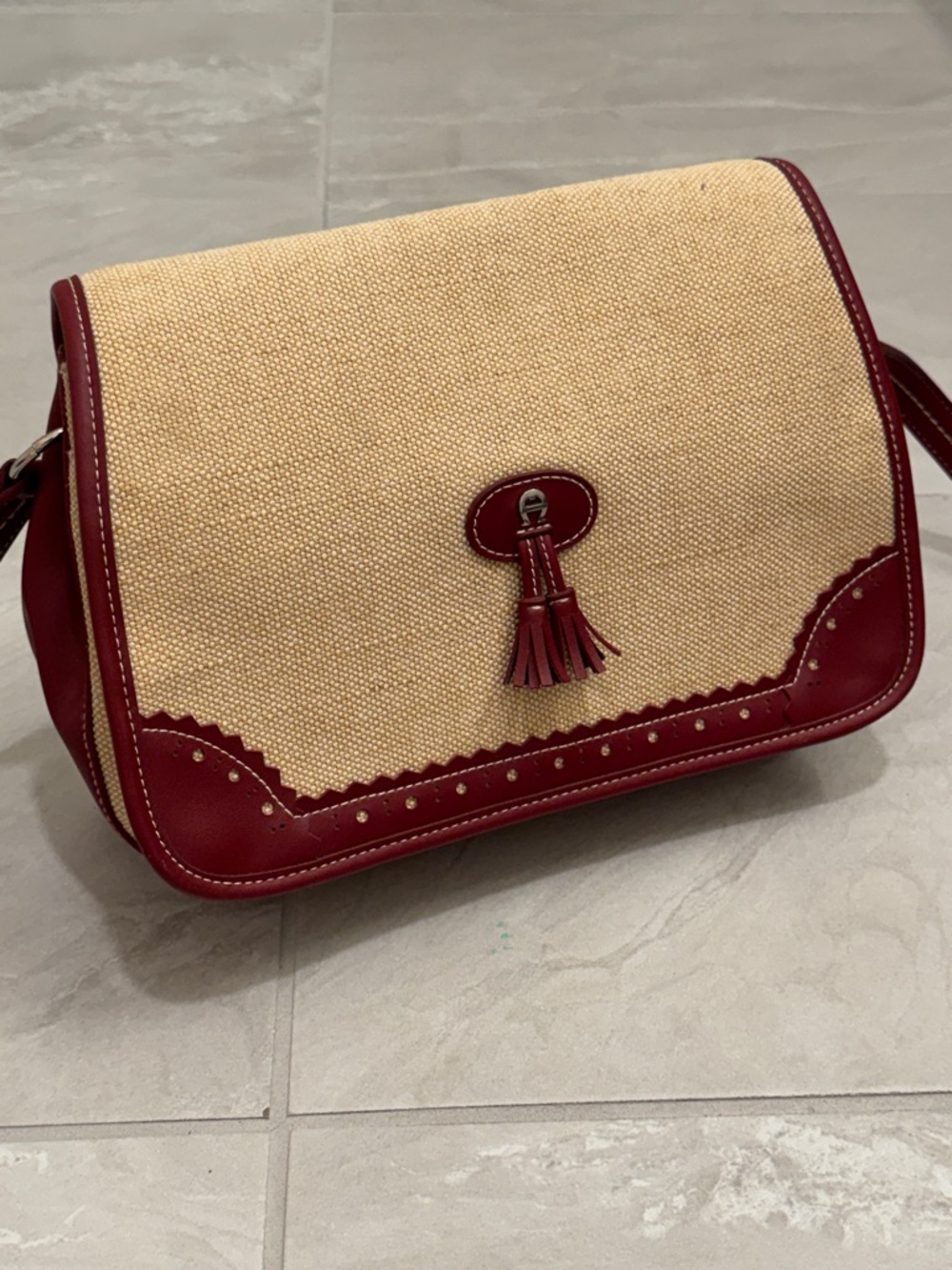 Etienne Aigner Canvas & Burgundy Leather Tassel Crossbody Bag